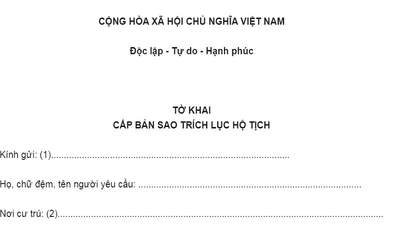 Tờ khai xin cấp bản sao hộ tịch