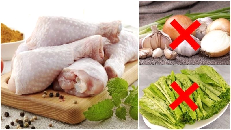 Tránh gà với tỏi, cải, hành sống.