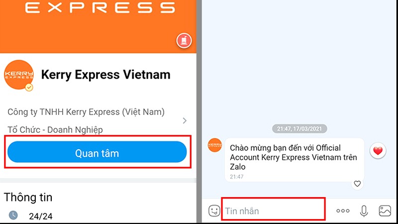 Liên hệ đến Zalo của Kerry Express