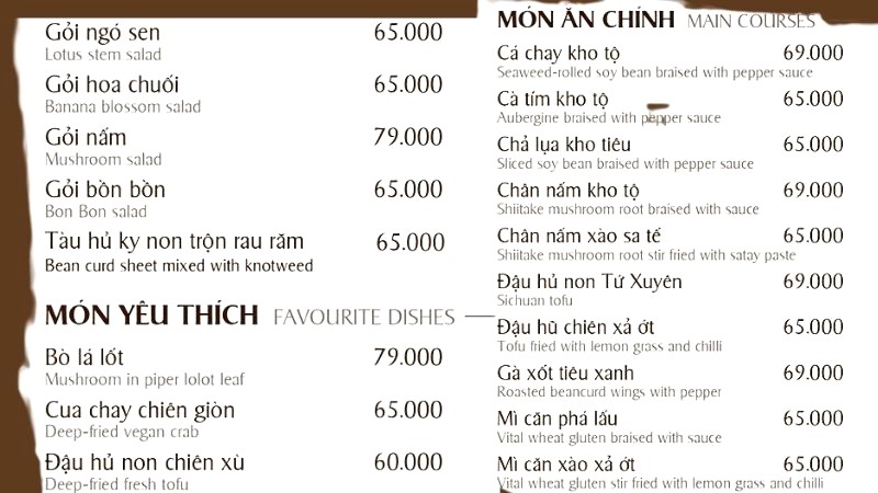 Menu của nhà hàng Sen