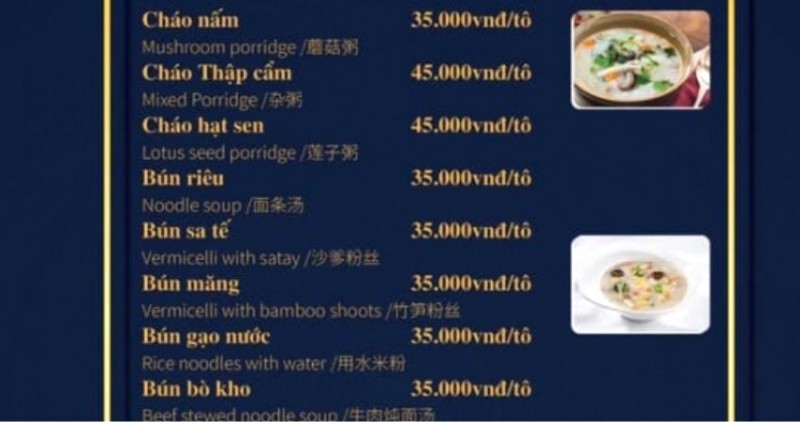 Menu của quán