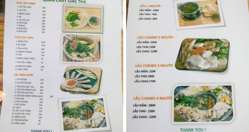 Menu của quán