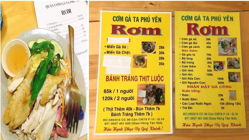 Menu quán cơm gà Phú Yên Rơm