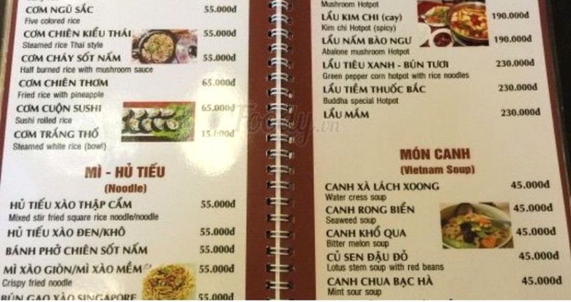 Menu của quán