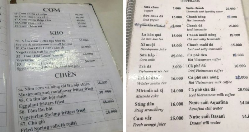 Menu của quán