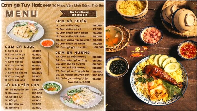 Menu của quán cơm gà Tuy Hòa