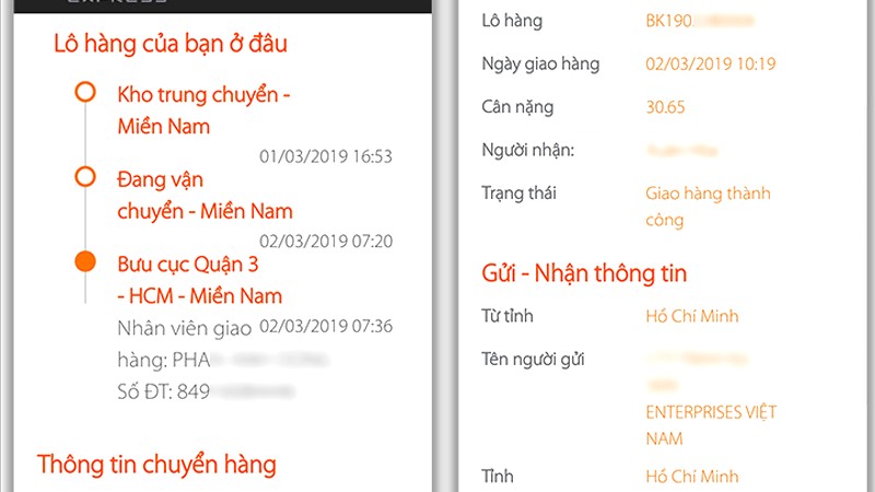 kết quả tra cứu đơn hàng