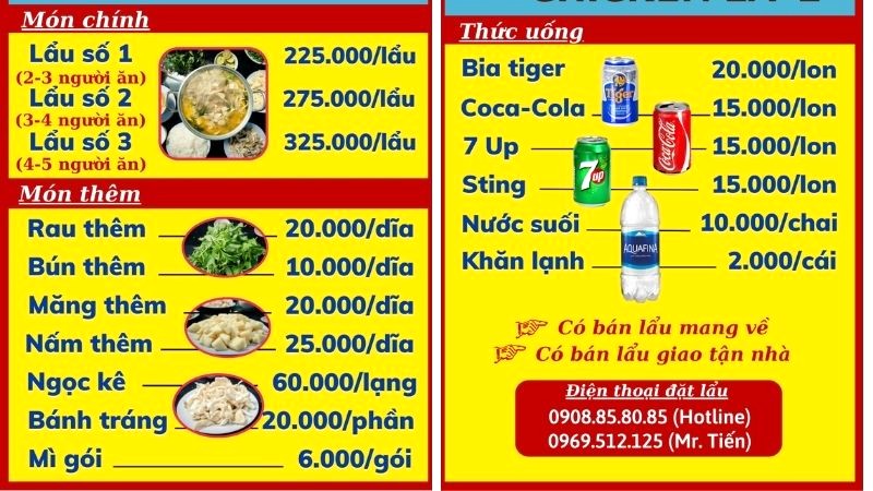 Menu của quán lẩu gà lá é