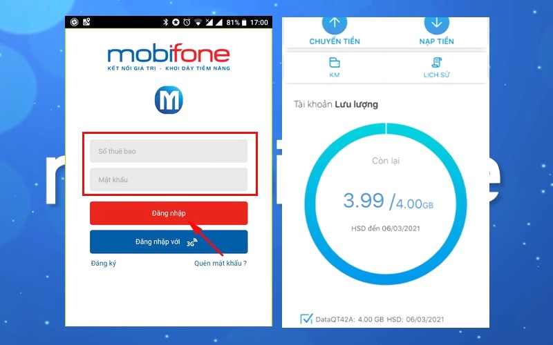 Tra dung lượng 3G/4G mạng Mobifone