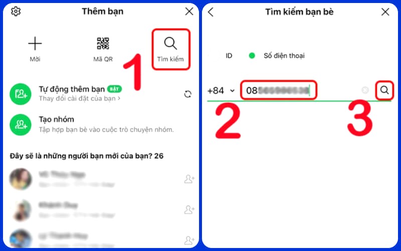 Tìm kiếm số điện thoại: Nhập số & nhấn tìm kiếm.