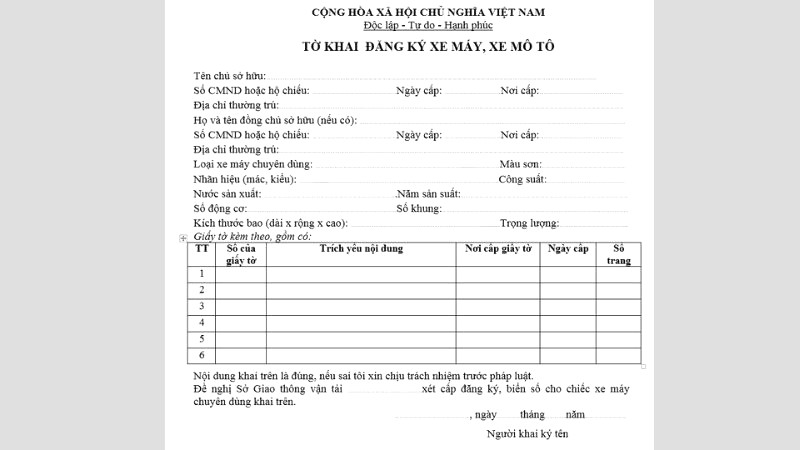 Mẫu tờ khai đăng kí xe máy