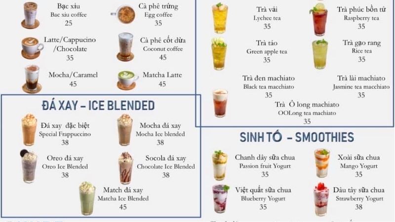 Menu của quán Hube Coffee