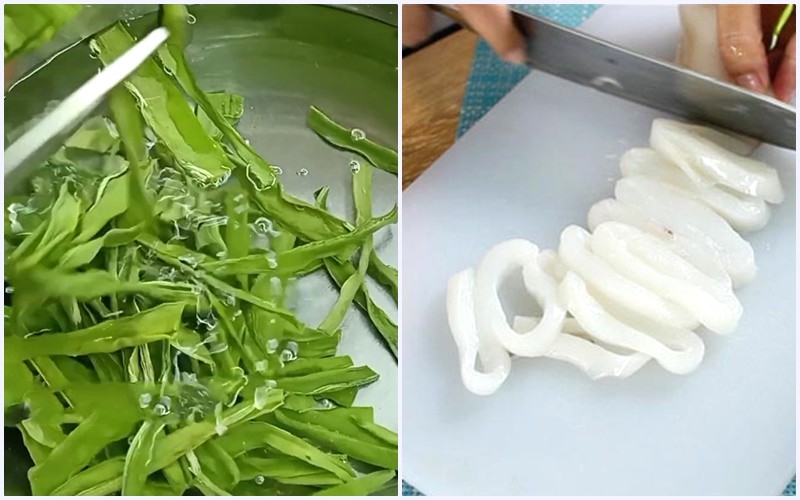 Sơ chế rau tiến vua, mực ống.