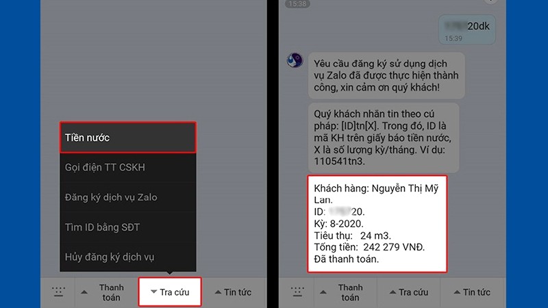 Tra cứu tiền nước bằng Zalo