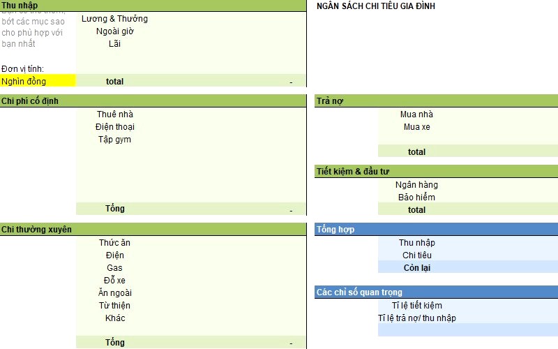 Bảng chi tiêu bằng Excel