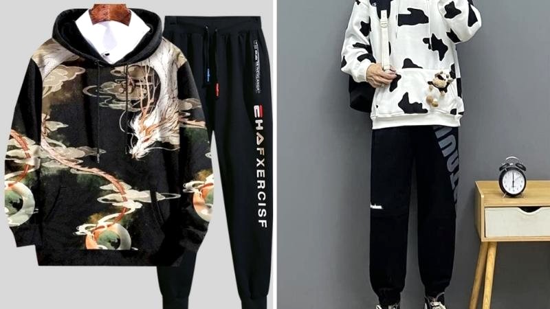 Hoodie họa tiết, quần jogger đen/jean kaki.