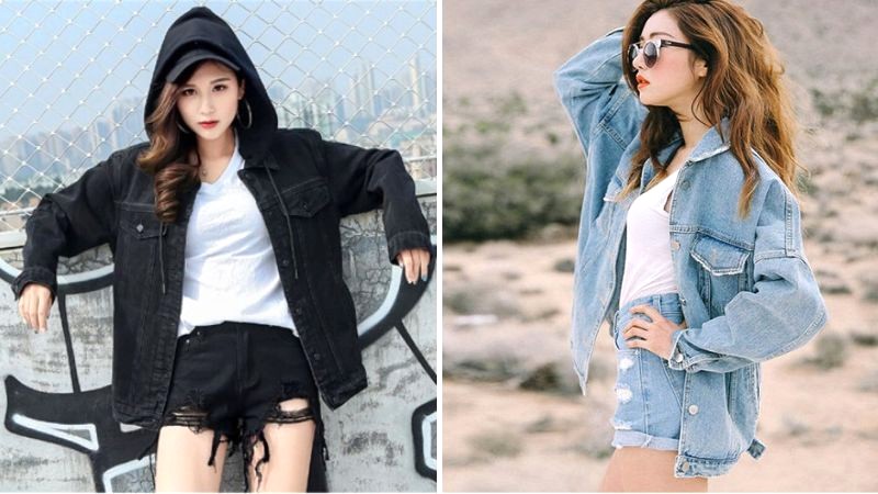 Phong cách năng động với quần short và áo khoác jean.