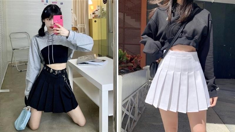 Hoodie croptop và chân váy tennis