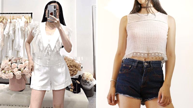 Nàng dịu dàng với áo ren, quần short.