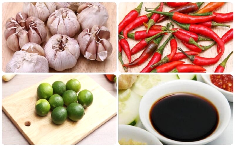 Nước tương, tỏi, ớt.