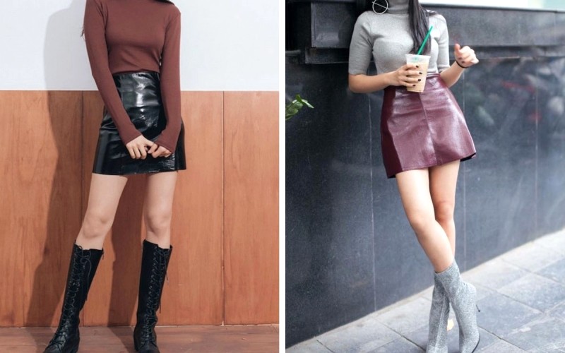 Áo len cổ lọ cùng chân váy da