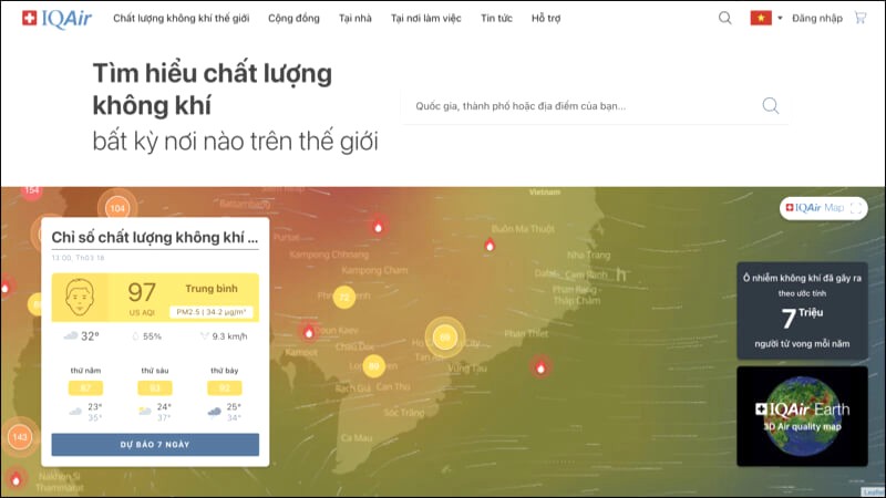 Website của IQAir trên máy tính