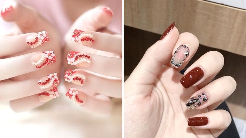 Nail đỏ đính đá tinh tế