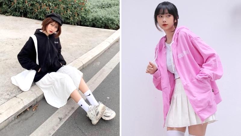 Hoodie zip phối cùng chân váy trắng