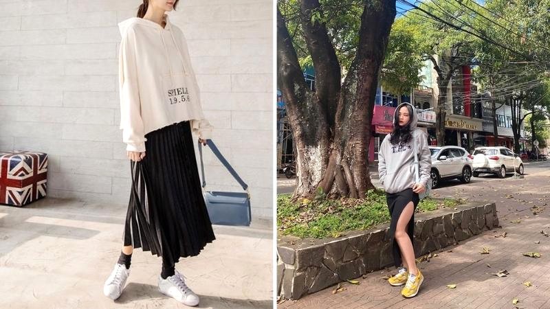 Hoodie và chân váy dáng dài