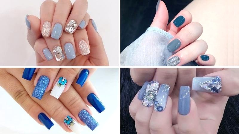 Nail đính đá màu xanh nhẹ nhàng