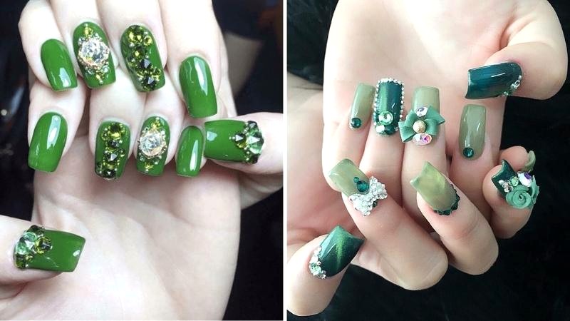 Nail xanh lá đính đá: Trendy 2023