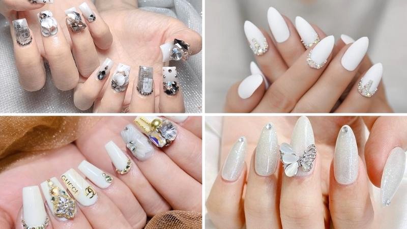 Nail trắng đính đá thanh lịch