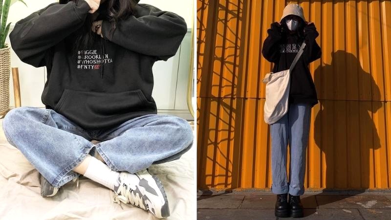 Hoodie & quần baggy jean ống rộng