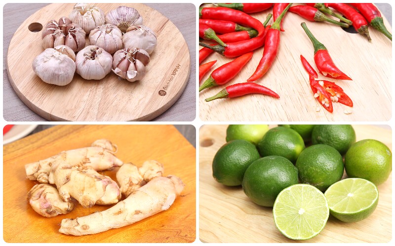 Nước mắm, tỏi, ớt, chanh, gừng.