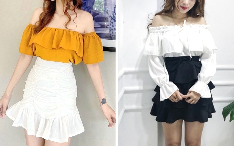 Chân váy ngắn cùng áo trễ vai
