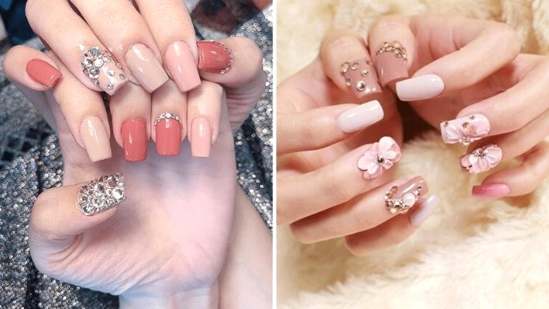 Mẫu nail đính đá màu hồng đáng yêu