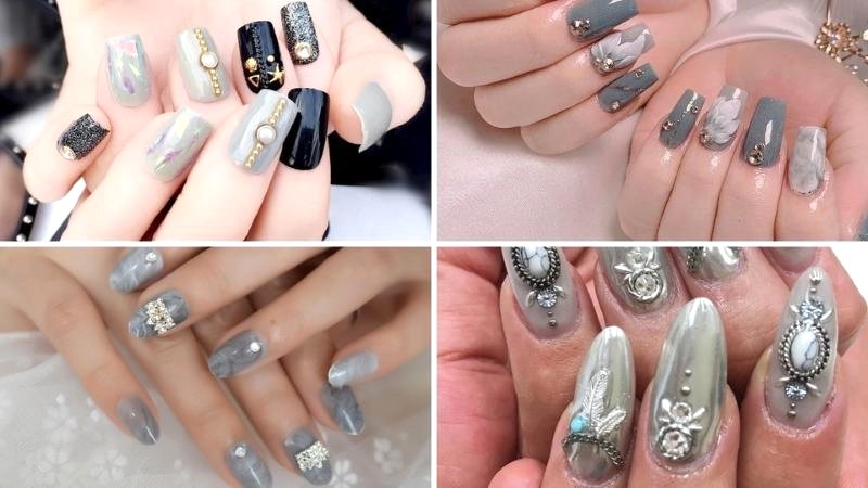 Nail xám sang trọng, điểm xuyết đá.