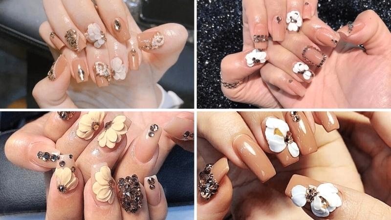 Nail đính đá màu nude cực Tây