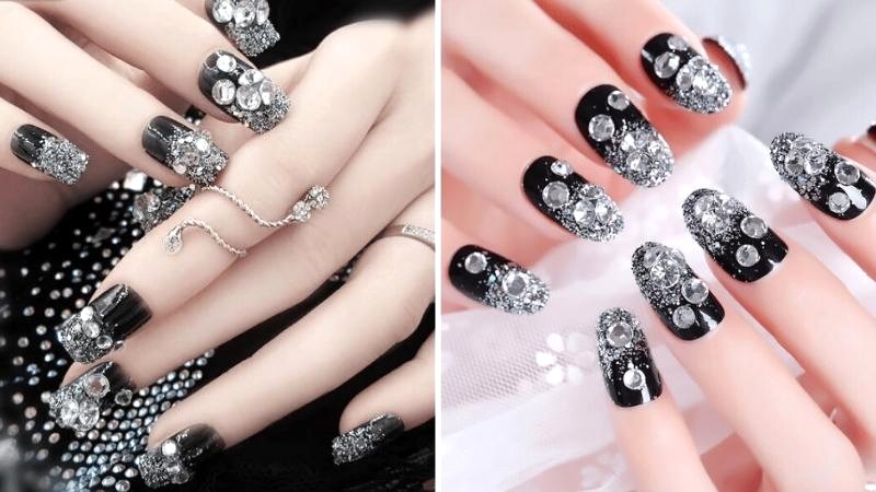 Mẫu nail đính đá màu đen huyền bí