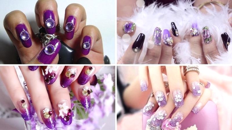Mẫu nail đính đá màu tím đằm thắm