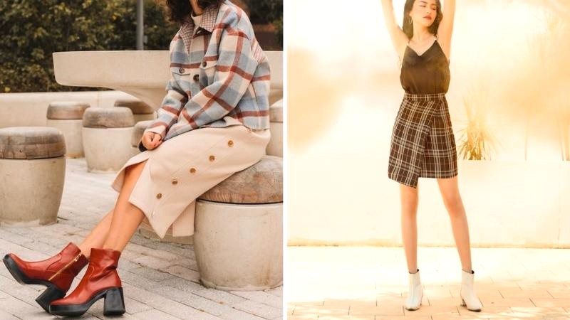 Boot cổ ngắn và quần áo sọc caro