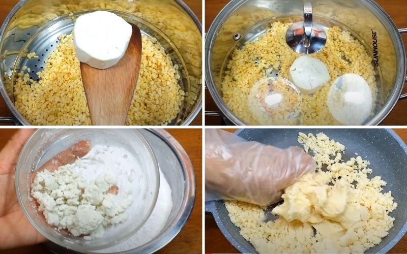 Hấp, xay nhuyễn đậu xanh, khoai lang.