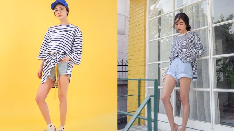 Phong cách năng động với áo thun dài tay và quần short.