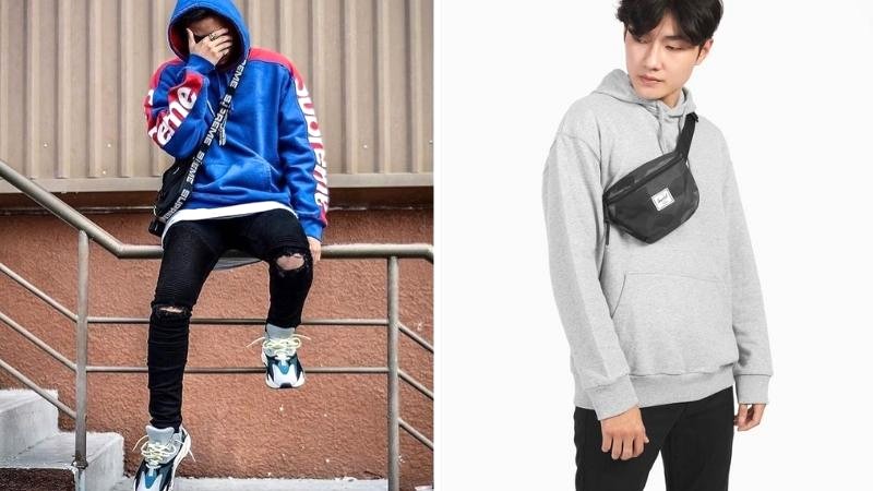 Áo hoodie phối cùng túi đeo chéo